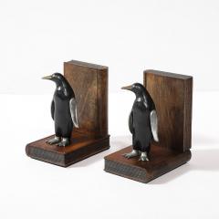 Pair of Art Deco Walnut Black Enamel Brass Sculptural Penguin Bookends - 4142519