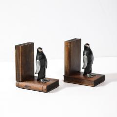 Pair of Art Deco Walnut Black Enamel Brass Sculptural Penguin Bookends - 4142534