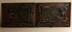 Pair of Art Nouveau Metal and Oak Figural Wall Plaque - 4658906
