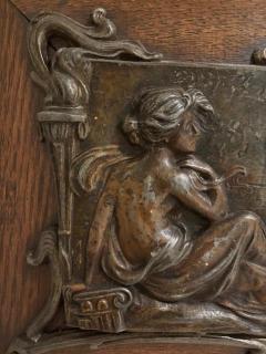 Pair of Art Nouveau Metal and Oak Figural Wall Plaque - 4658909