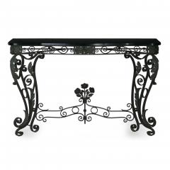 Pair of Art Nouveau Wrought Iron Antique Black Stone Console Tables - 1175366