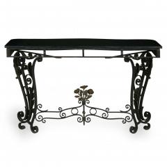 Pair of Art Nouveau Wrought Iron Antique Black Stone Console Tables - 1175372