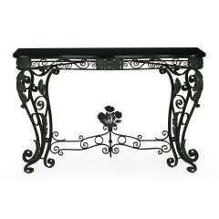 Pair of Art Nouveau Wrought Iron Antique Black Stone Console Tables - 1175374