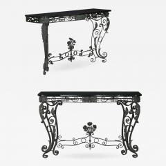 Pair of Art Nouveau Wrought Iron Antique Black Stone Console Tables - 1175409