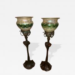 Pair of Art Nouveau candlesticks form lamps with Quezal shades - 4650972