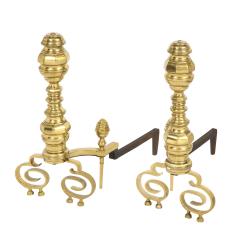 Pair of Artisan Andirons in Polished Brass and Wrought Iron 1970s - 3414622