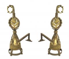 Pair of Arts Crafts Brass Sunflower Andirons - 4522243