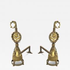 Pair of Arts Crafts Brass Sunflower Andirons - 4522244