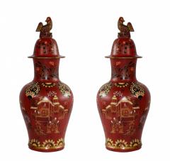 Pair of Asian Rooster Finial Lidded Red Urns - 4520517