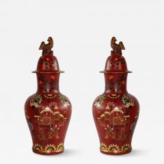 Pair of Asian Rooster Finial Lidded Red Urns - 4529226