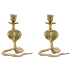 Pair of Asian Siamese Style Bronze Cobra Candlesticks - 4720969