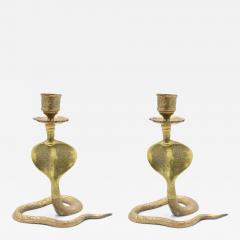 Pair of Asian Siamese Style Bronze Cobra Candlesticks - 4720972