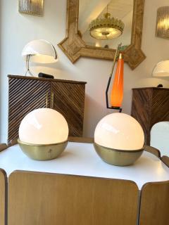 Pair of Ball Lamps Brass and Opaline Murano Glass Italy 1970s - 4209698