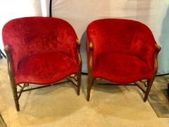 Pair of Bamboo Legged Cherry Red Velour 19th 20th Century Barrel Back Chairs - 2938792