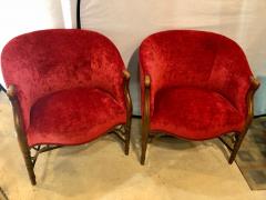 Pair of Bamboo Legged Cherry Red Velour 19th 20th Century Barrel Back Chairs - 2938793
