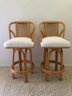 Pair of Bamboo Tall Swivel Bar Stools Vintage Sunbrella Fabric - 1528969