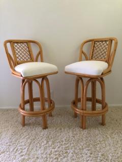 Pair of Bamboo Tall Swivel Bar Stools Vintage Sunbrella Fabric - 1528970