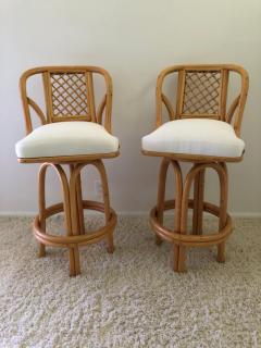 Pair of Bamboo Tall Swivel Bar Stools Vintage Sunbrella Fabric - 1528986