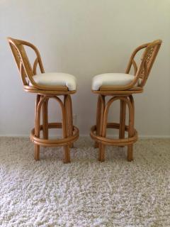 Pair of Bamboo Tall Swivel Bar Stools Vintage Sunbrella Fabric - 1529010