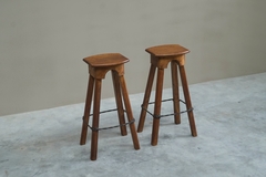 Pair of Bar Stools in Solid Oak and Wrought Iron Mid 20th Century - 4803310