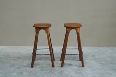 Pair of Bar Stools in Solid Oak and Wrought Iron Mid 20th Century - 4803403