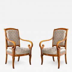 Pair of Biedermeier Scroll Form Arm Chairs in Hand Finished Burled Elm - 3202445