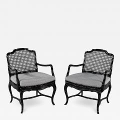 Pair of Black Lacquered Cane Back Lounge Chairs - 2838423