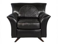Pair of Black Leather Oversize Bat Wing Style Parlor Chairs - 1993363