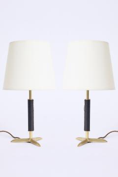Pair of Black Leather and Brass Table Lamps - 4659449