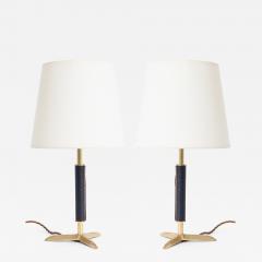 Pair of Black Leather and Brass Table Lamps - 4659450