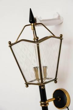 Pair of Black Metal Brass and Glass Lantern Wall Sconces - 720683