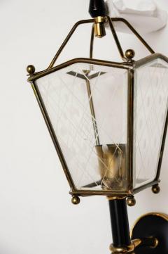 Pair of Black Metal Brass and Glass Lantern Wall Sconces - 720685