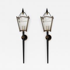 Pair of Black Metal Brass and Glass Lantern Wall Sconces - 721218