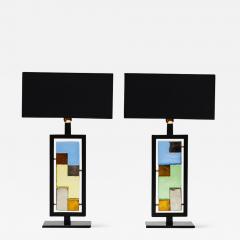 Pair of Black Metal and Colored Glass Bricks Table Lamps - 1175173