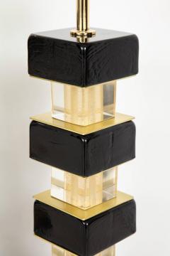 Pair of Black Murano Glass Blocks and Brass Lamps Signed - 2728301