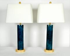 Pair of Blue Jade Oval Slim Design Lamps w Gold Base - 330576