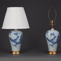 Pair of Blue and White Chinese Porcelain Lamps with Dragon Motif  - 2939395