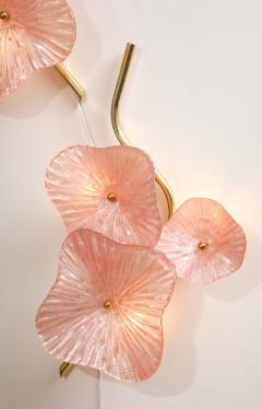 Pair of Blush Pink Murano Flower Glass and Brass Sconces Italy - 3581068