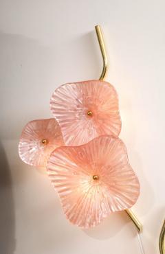 Pair of Blush Pink Murano Flower Glass and Brass Sconces Italy - 3581071