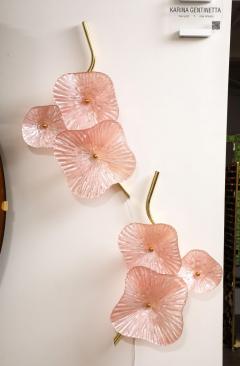Pair of Blush Pink Murano Flower Glass and Brass Sconces Italy - 3581072