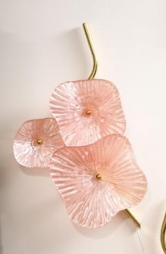 Pair of Blush Pink Murano Flower Glass and Brass Sconces Italy - 3581073