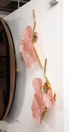 Pair of Blush Pink Murano Flower Glass and Brass Sconces Italy - 3581077