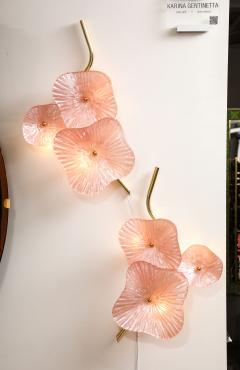 Pair of Blush Pink Murano Flower Glass and Brass Sconces Italy - 3581086