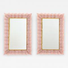 Pair of Blush Pink Textured Murano Glass and Brass Inlay Mirrors Italy - 1618029