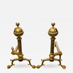 Pair of Brass Andirons circa 1880 Ball and Claw Feet of Twisted Column Form - 2671552