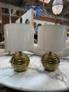Pair of Brass Ribbed Base Table Lamps with Drum Shades - 4577915