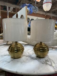Pair of Brass Ribbed Base Table Lamps with Drum Shades - 4577916