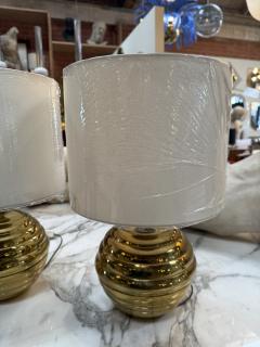Pair of Brass Ribbed Base Table Lamps with Drum Shades - 4577918