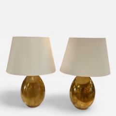 Pair of Brass Table Lamps with Cream Fabric Shades - 4578782