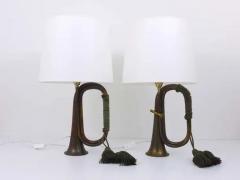 Pair of Brass Trumpet Horn Hunting Table Lamps with White Lampshades 1950s - 4041374